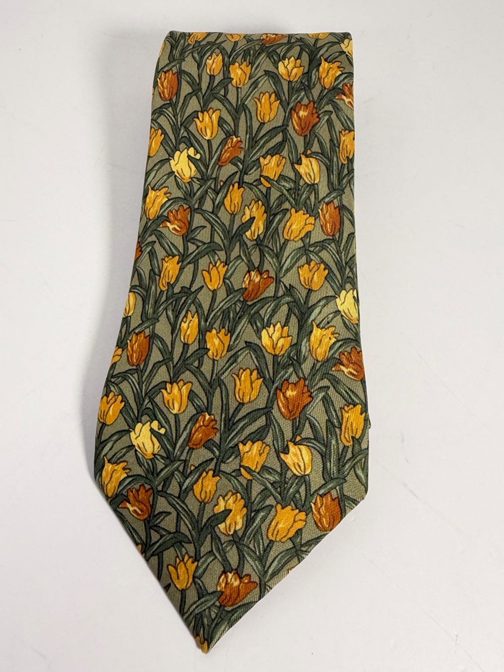 Hermès Paris Vintage Floral Silk Twilly Scarf Tie Green Yellow